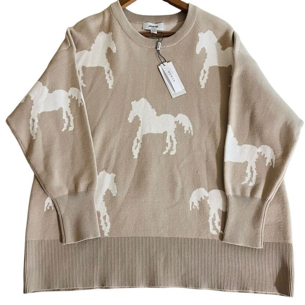 NWT Jason Wu Cozy Western Tan and white Knit Sweater Horse print 1X Plus Size